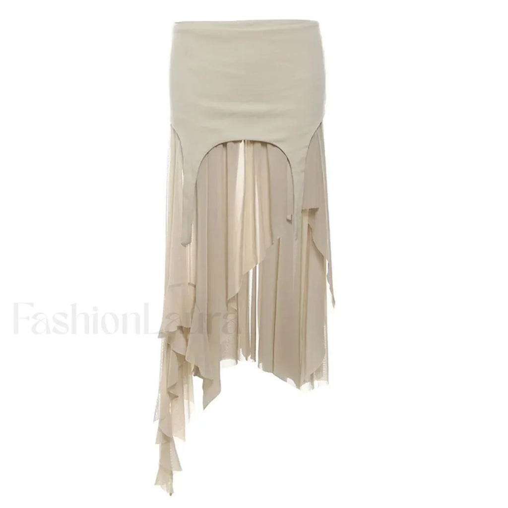 Cyber Y2K Irregular Hem Harajuku Mesh Patchwork Skirt Khaki / S