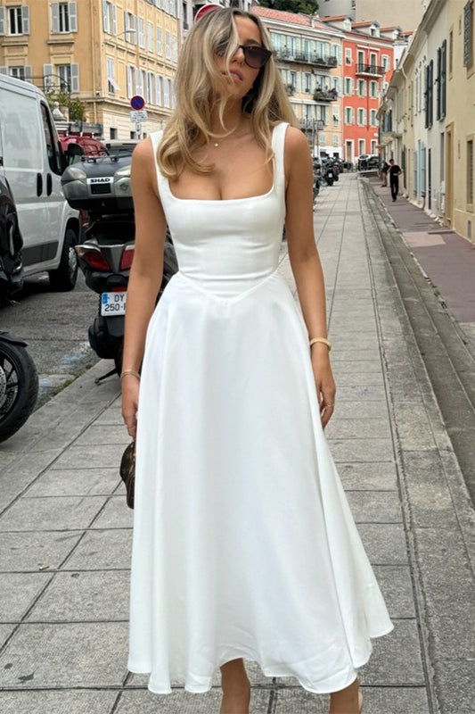 Solid Square Neck Sleeveless Cocktail Dress