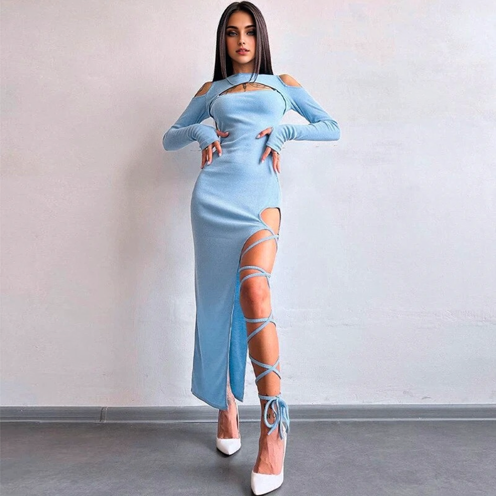 JuliaFashion - Sexy Lace-Up High Split Maxi Dress