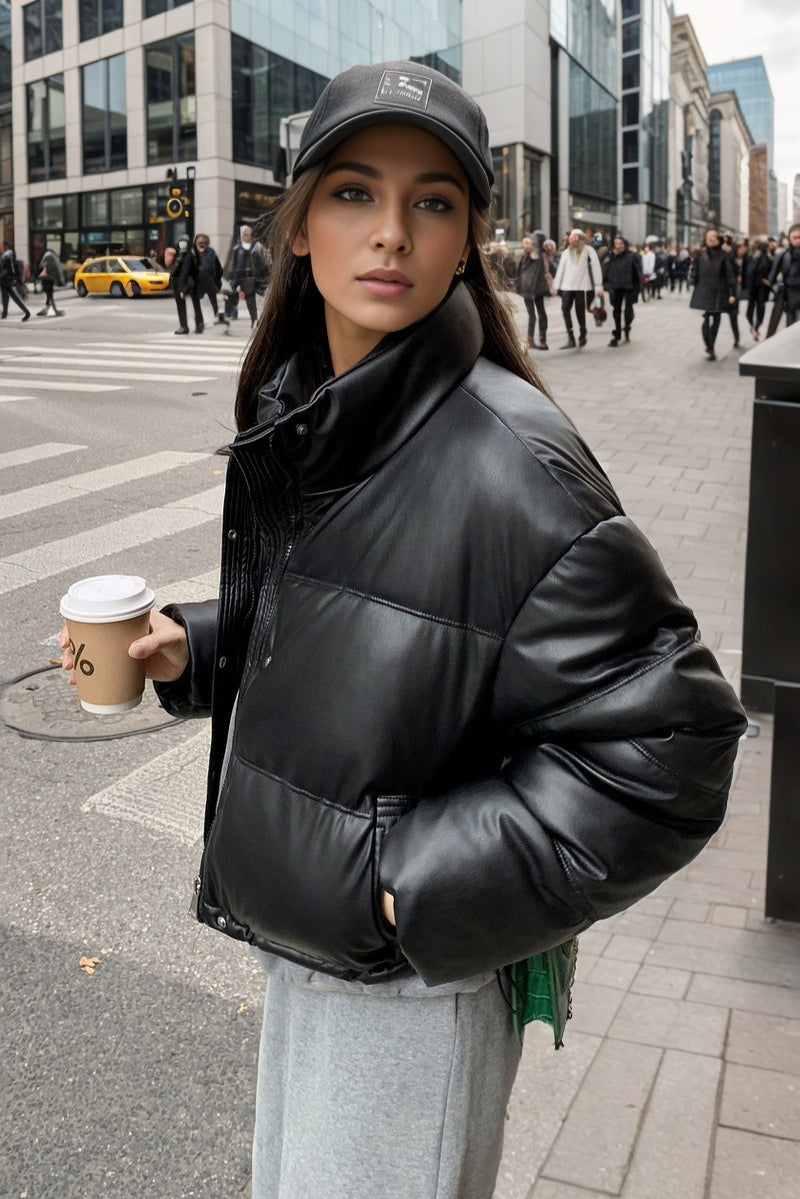 Cropped Faux Leather Insulated Puffer Jacket S / Black