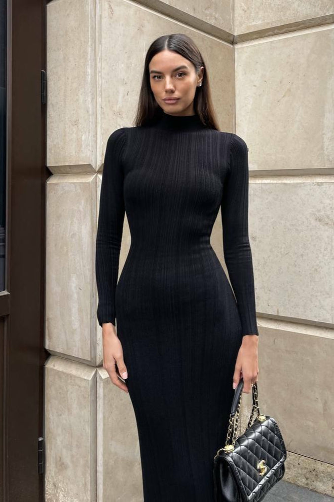 Elegant High Neck Striped Sweater Dress