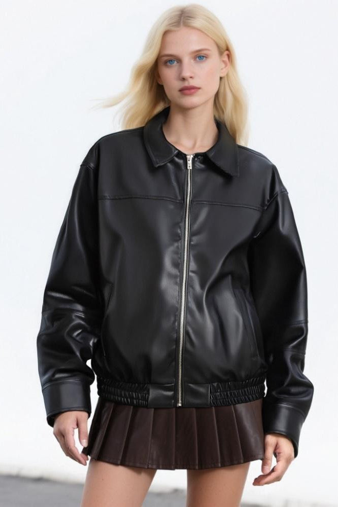 PU Leather Casual Lapel Jacket Black / S