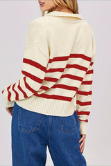 Striped Wool Collar V Neck Sweater Red / S