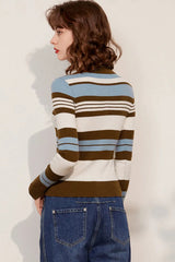 Striped Knit Turn down Collar Cardigan