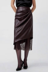 Elegant Lace Trim Leather Skirt