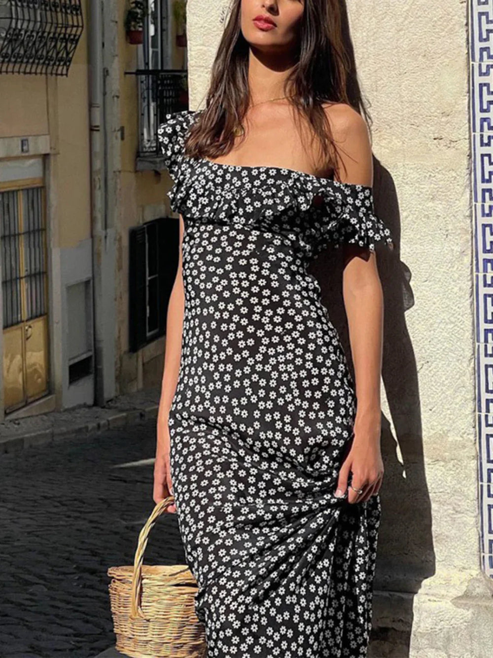 Daisy Floral Graceful Print Long Dress Black / XS Floral Dresses