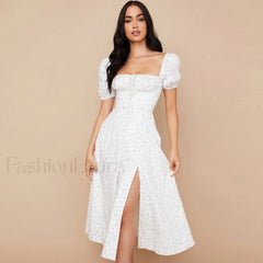 Daisy Printed Puff Sleeve High Slit Smock Maxi Sundress White S / White Sun Dresses