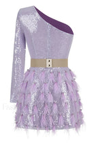 Daria One Shoulder Charming Sequin Feather Dress