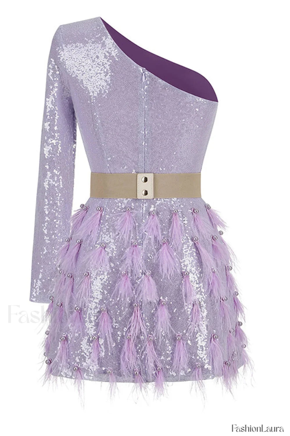 Daria One Shoulder Charming Sequin Feather Dress