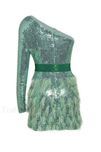 Daria One Shoulder Charming Sequin Feather Dress