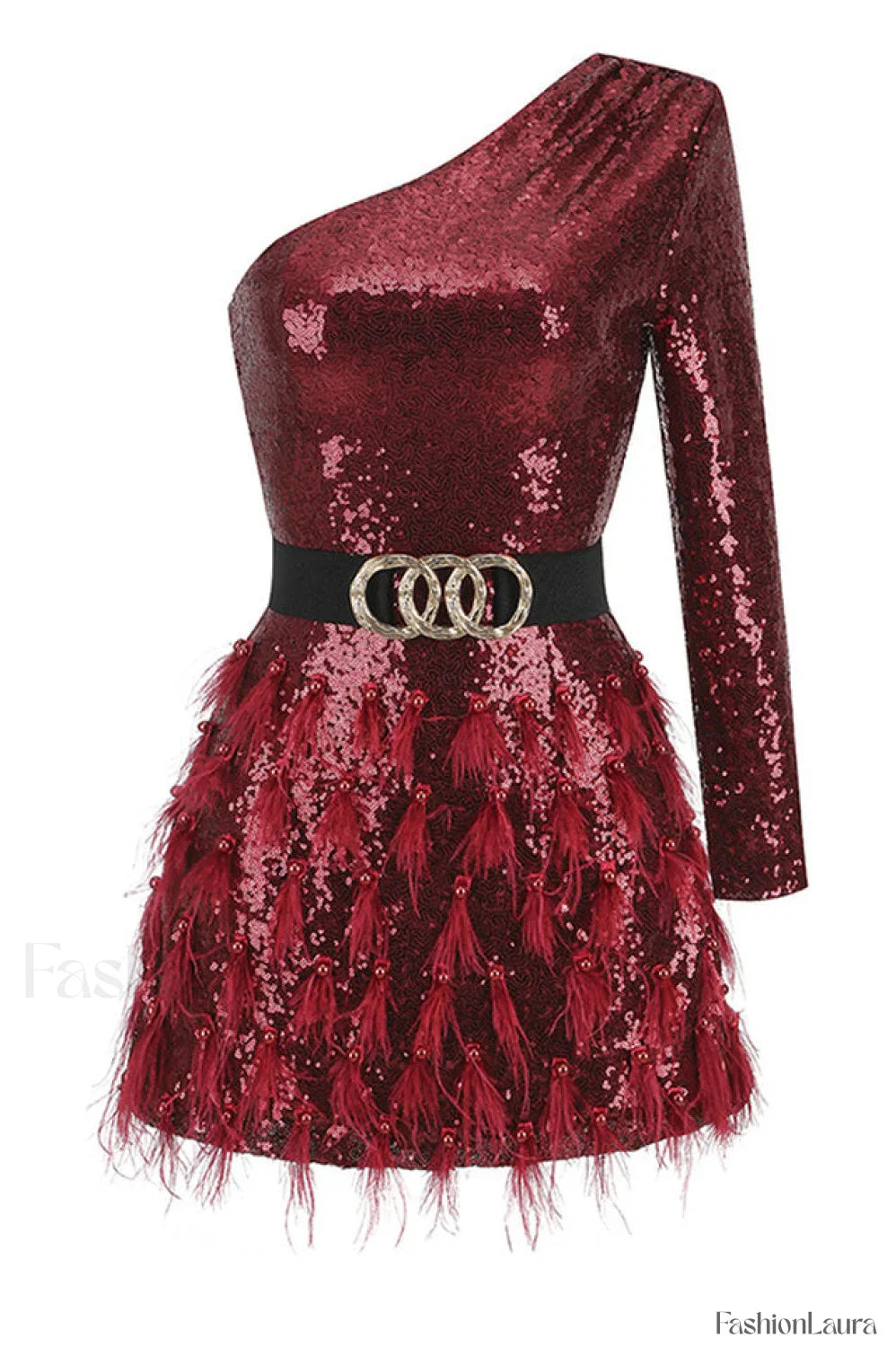 Daria One Shoulder Charming Sequin Feather Dress S / Burgundy
