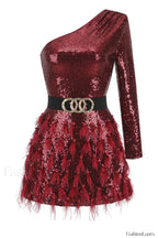 Daria One Shoulder Charming Sequin Feather Dress S / Burgundy