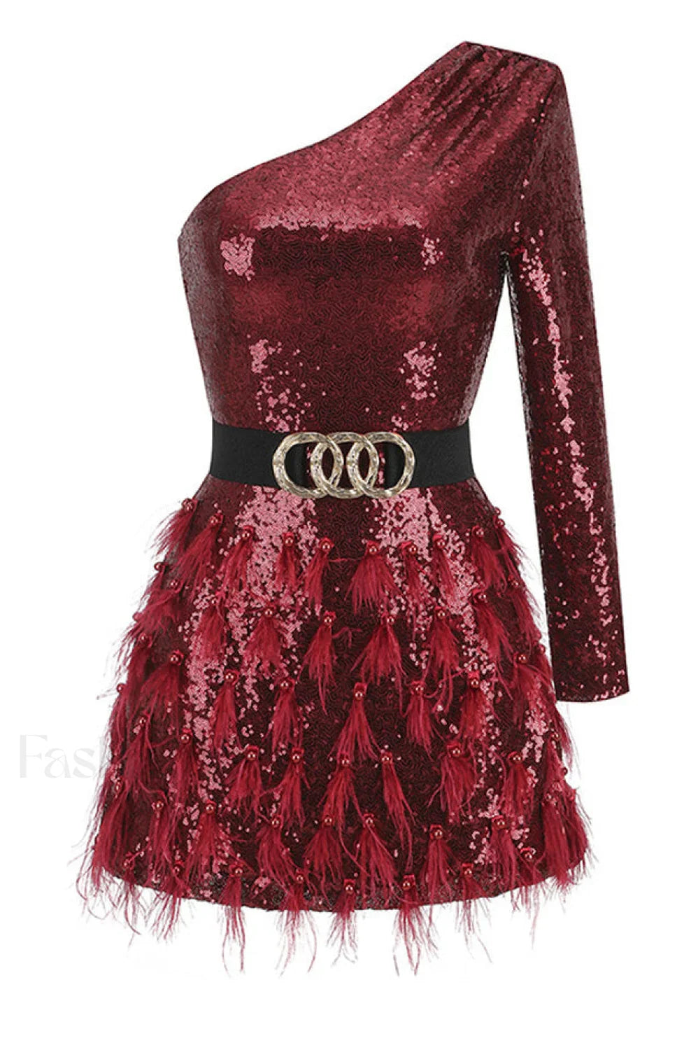 Daria One Shoulder Charming Sequin Feather Dress S / Burgundy