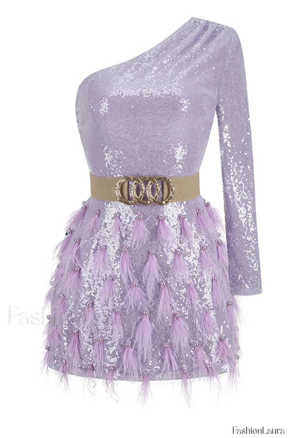 Daria One Shoulder Charming Sequin Feather Dress S / Lilac
