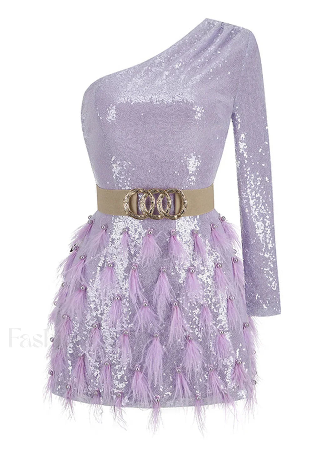 Daria One Shoulder Charming Sequin Feather Dress S / Lilac
