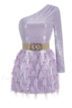 Daria One Shoulder Charming Sequin Feather Dress S / Lilac