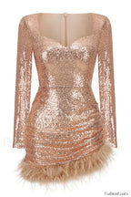 Daria Sequin Stylish Feather Mini Dress XS / Champagne