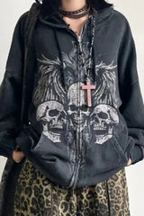Dark Gothic Skull Print Zip Up Hoodie