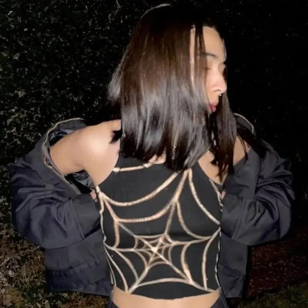 Dark Graphic Crop Grunge Gothic Spider Web Top