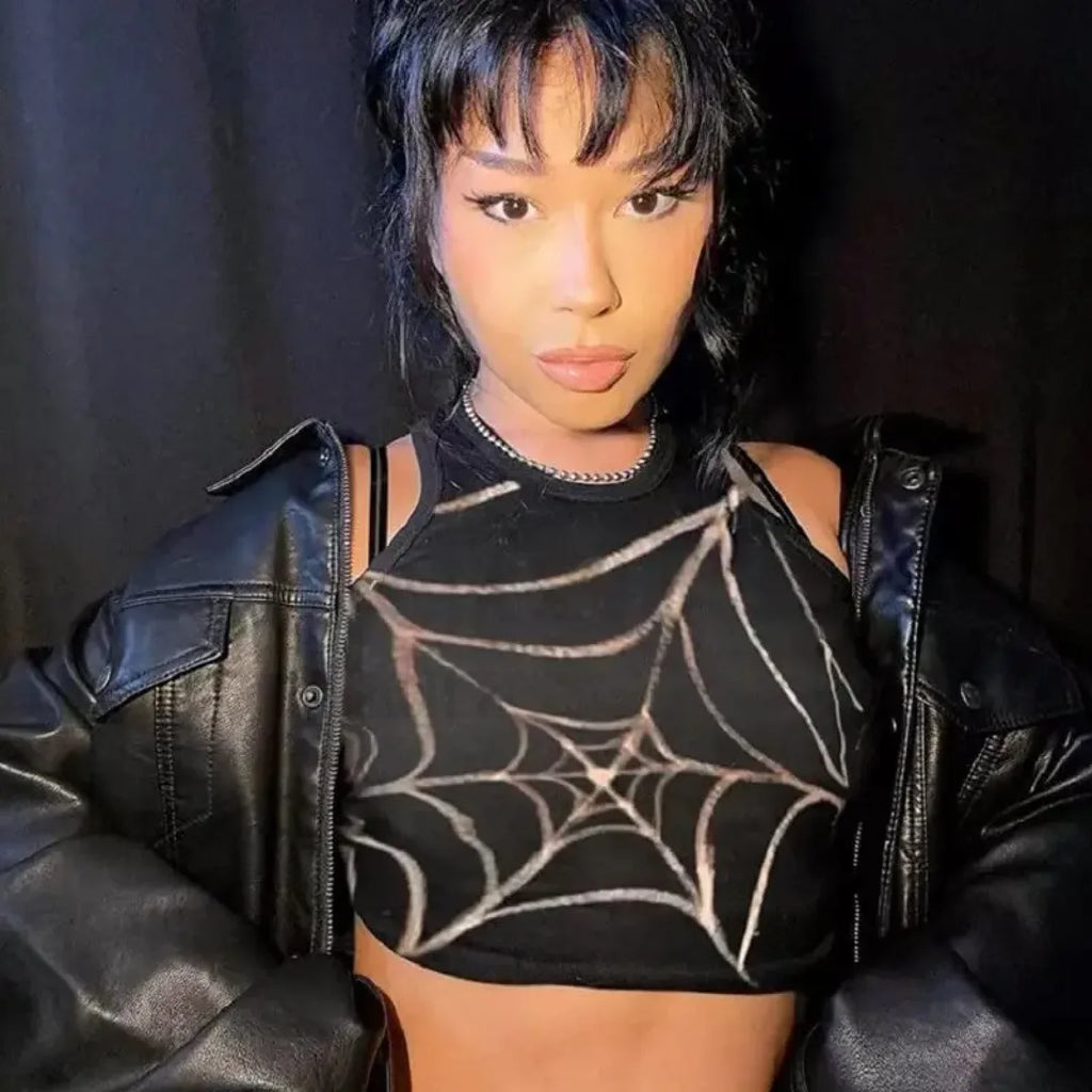 Dark Graphic Crop Grunge Gothic Spider Web Top