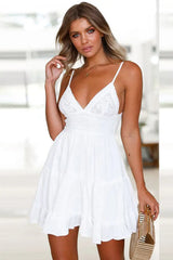 White Spaghetti Strap Mini Boho Dress White / S
