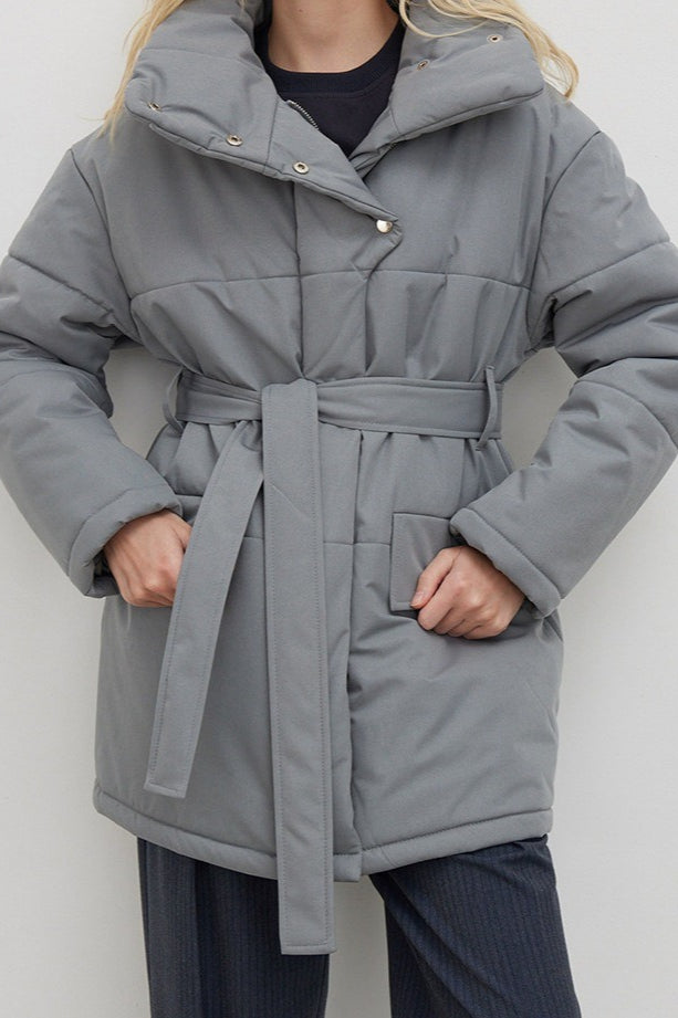 Longline Cotton Tie Waist Puffer Jacket