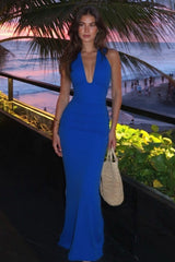 Solid V Neck Halter Backless Formal Dress S / Blue