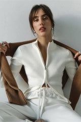 Casual Zip Front Knit Cardigan White / S