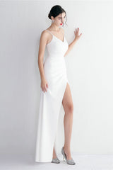 Long Satin Slit Halter Sheath Formal Dress