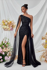 Sequin Mesh Panel Evening Party Dress
