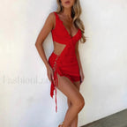 Deep V Backless Ruffled Mini Dress Red / XS