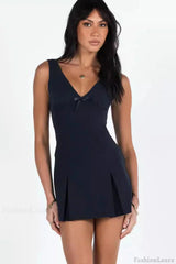 Deep V Neck Bow Trim Wide Slip Mini Dress Navy blue / S