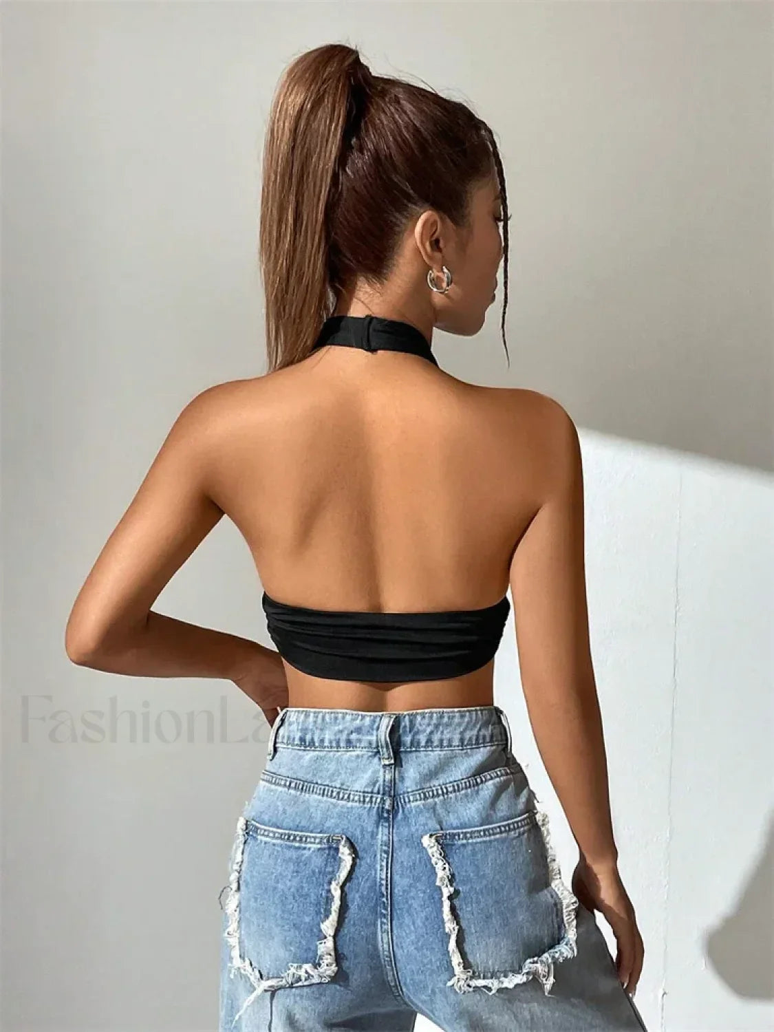 Deep V Neck Halter Backless Solid Color Sexy Club Crop Top