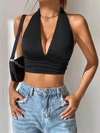 Deep V Neck Halter Backless Solid Color Sexy Club Crop Top Black / S