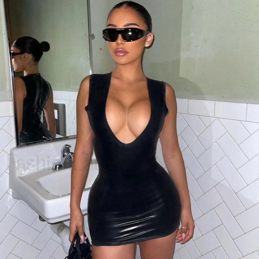 Deep V Neck Sleeveless Bodycon Club Mini Dress Black S / Black Party Dresses L