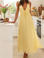 Deep V Tie Solid Color Maxi Dress yellow / S