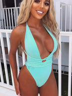 Deep V Wrap Backless High Cut One Piece green / S