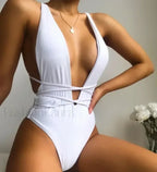 Deep V Wrap Backless High Cut One Piece white / S