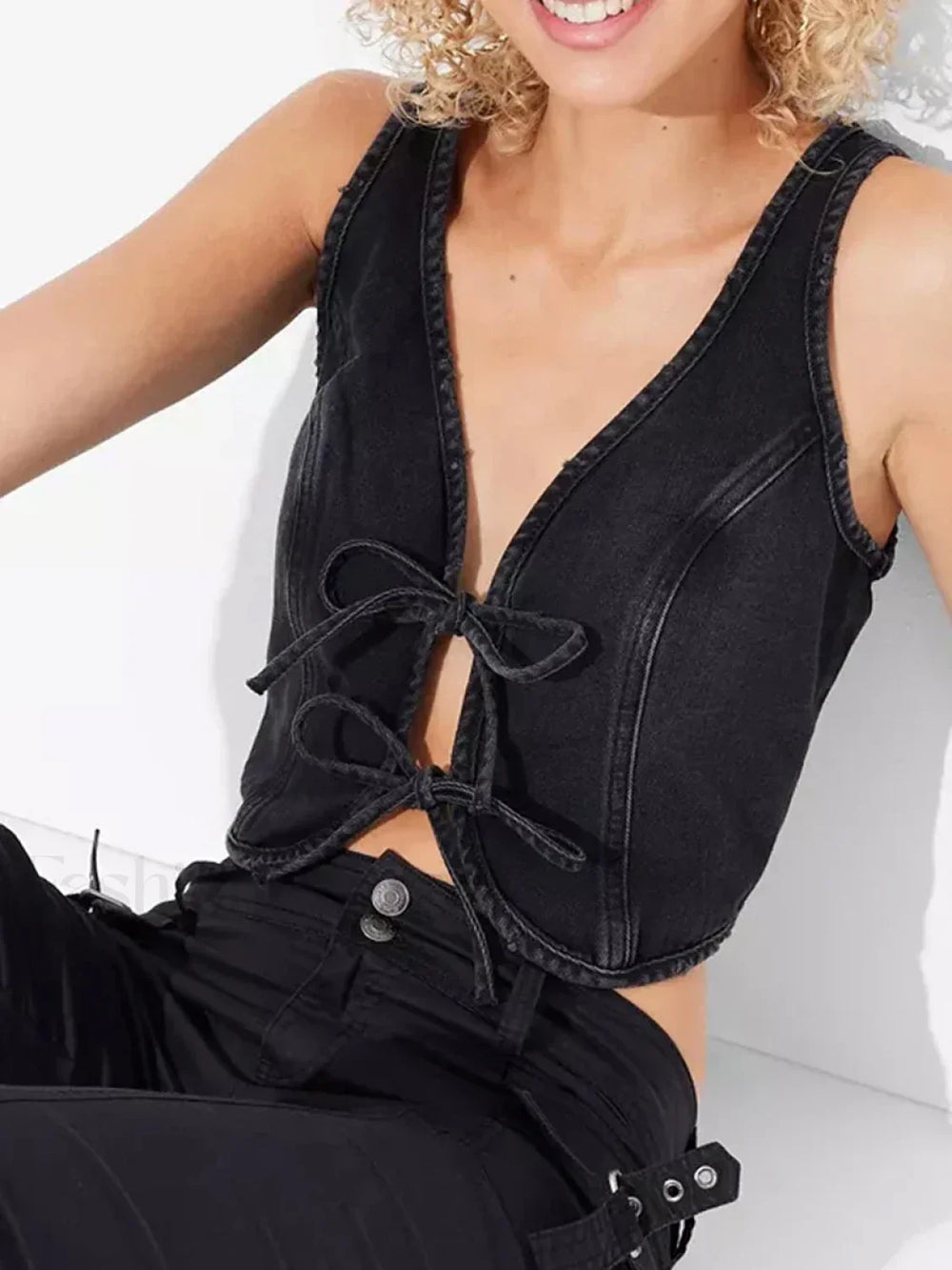 Denim Bow Tie Up Crop Top Dark Grey / S