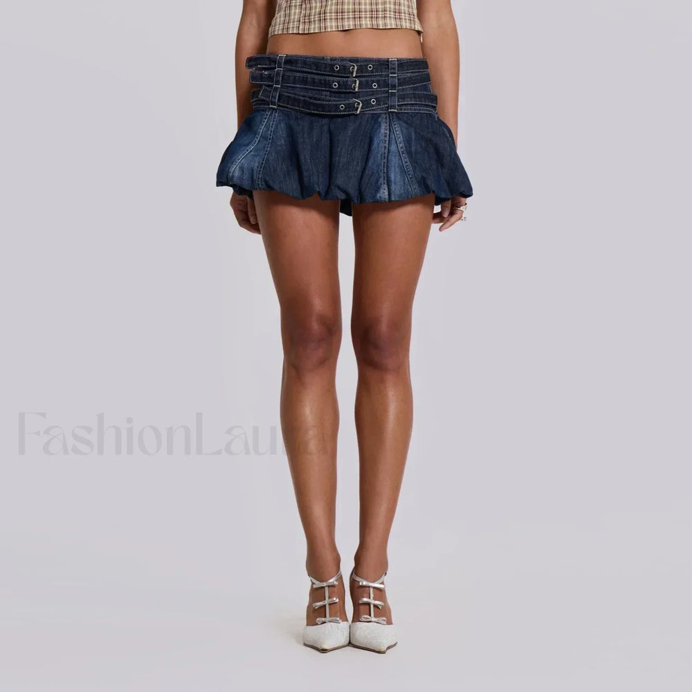 Denim Buckled Bubble Mini Skirt