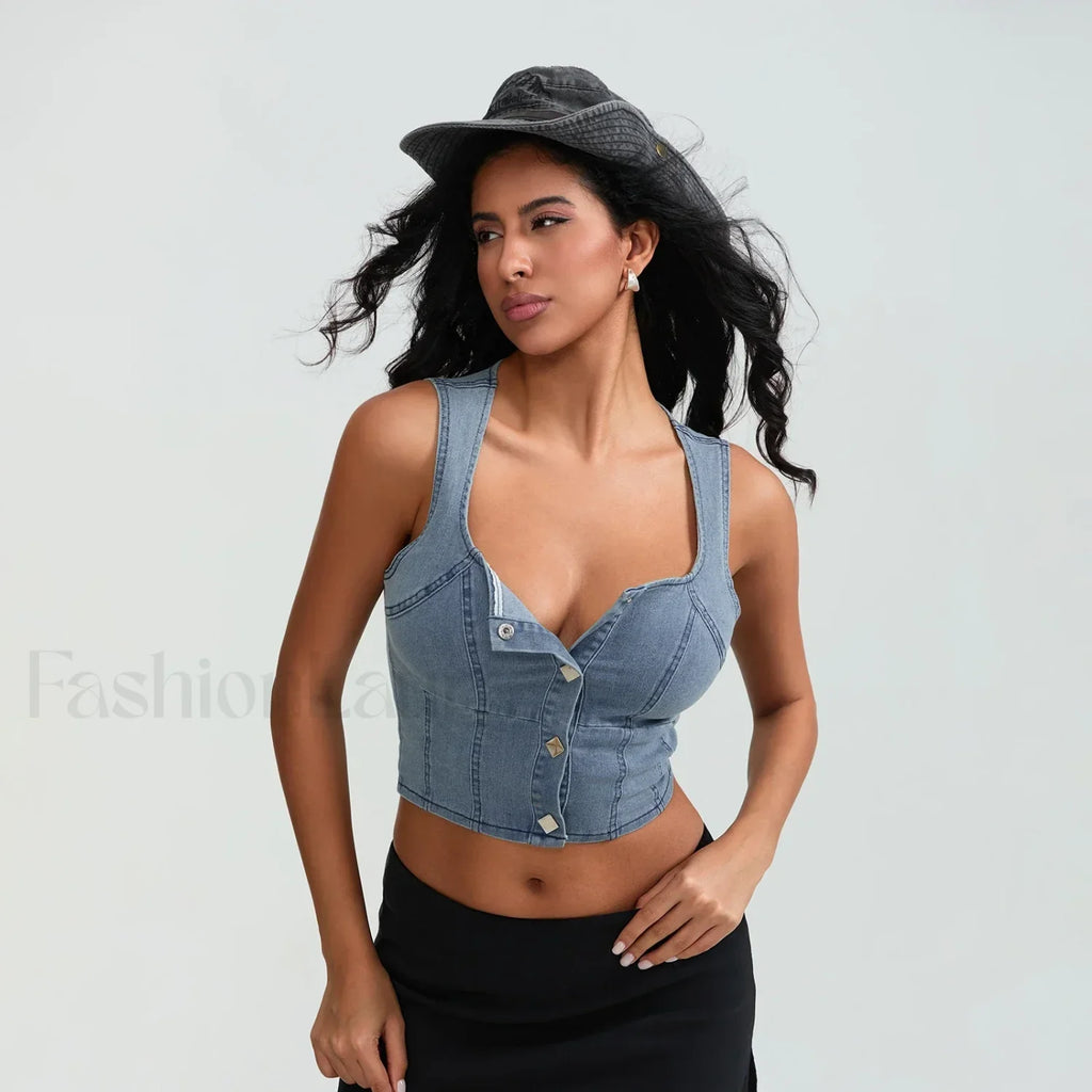 Denim Button Square Crop Top