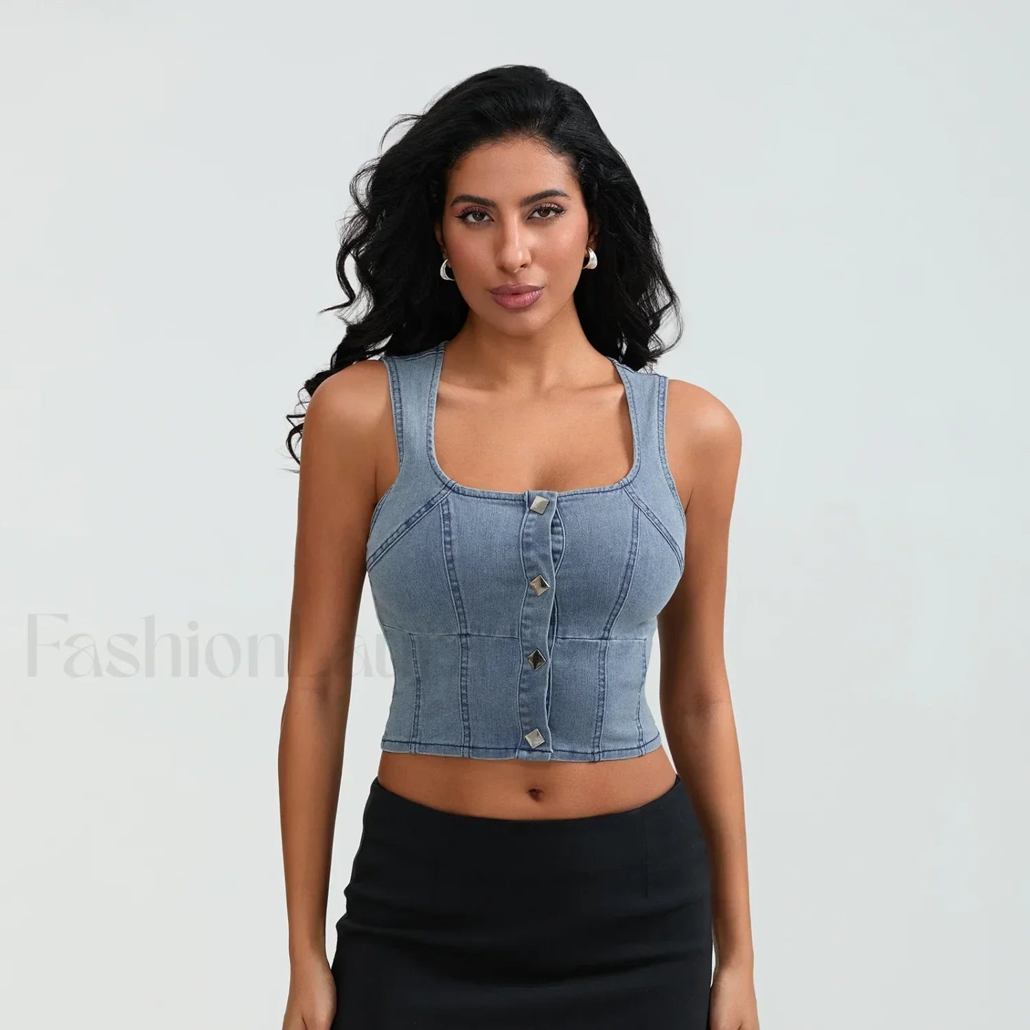 Denim Button Square Crop Top Blue / S