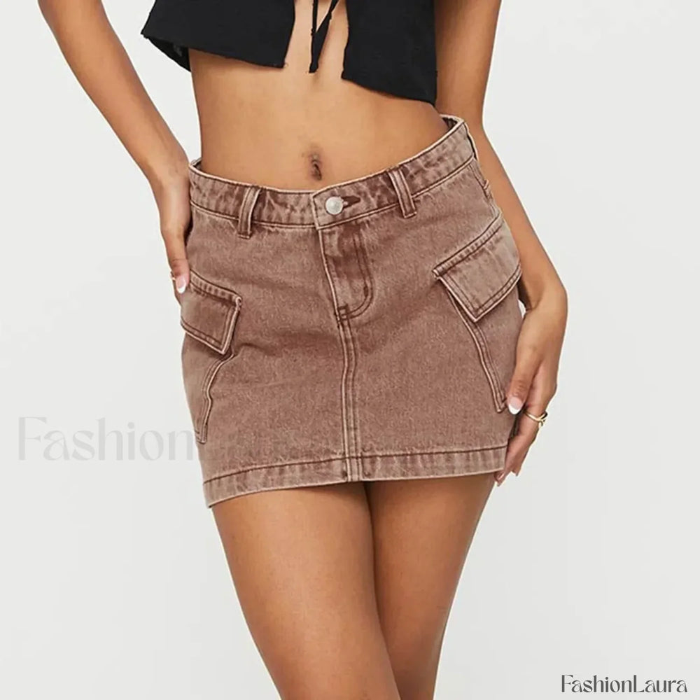 Denim Cargo Pocket Vintage Skirt BROWN / S