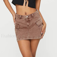 Denim Cargo Pocket Vintage Skirt BROWN / S