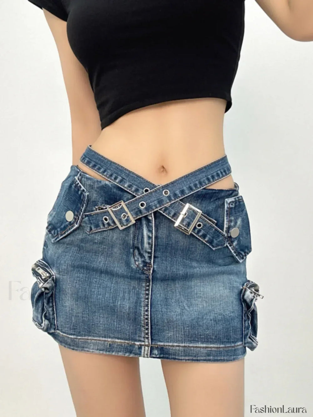 Denim Multi Pocket Wrap Mini Skirt Blue / S