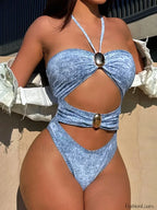 Denim Print Halter Cut Out One Piece Denim / S