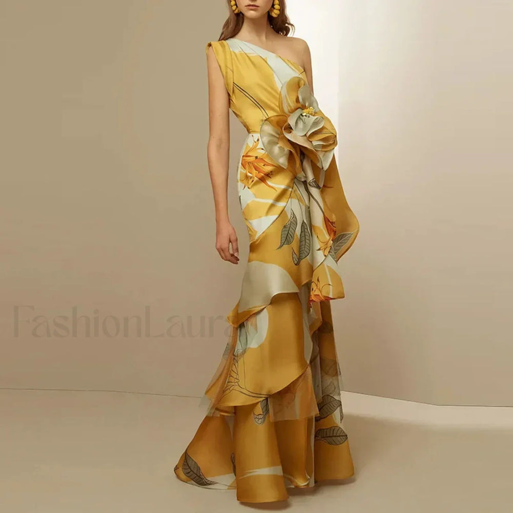 Diagonal Collar Hollow Floral Dress