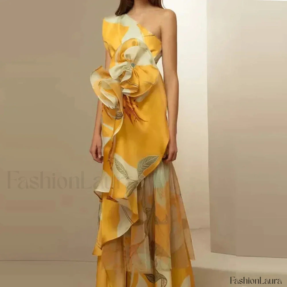 Diagonal Collar Hollow Floral Dress