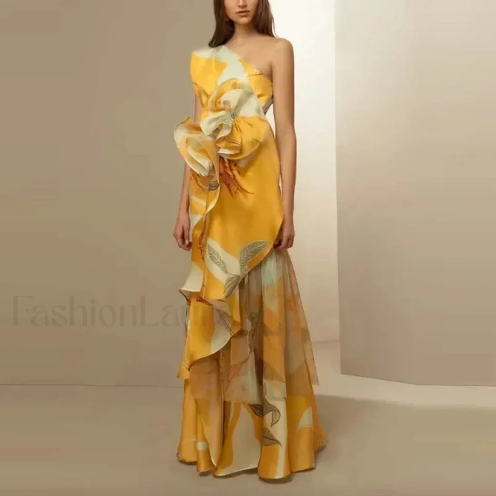 Diagonal Collar Hollow Floral Dress yellow / S