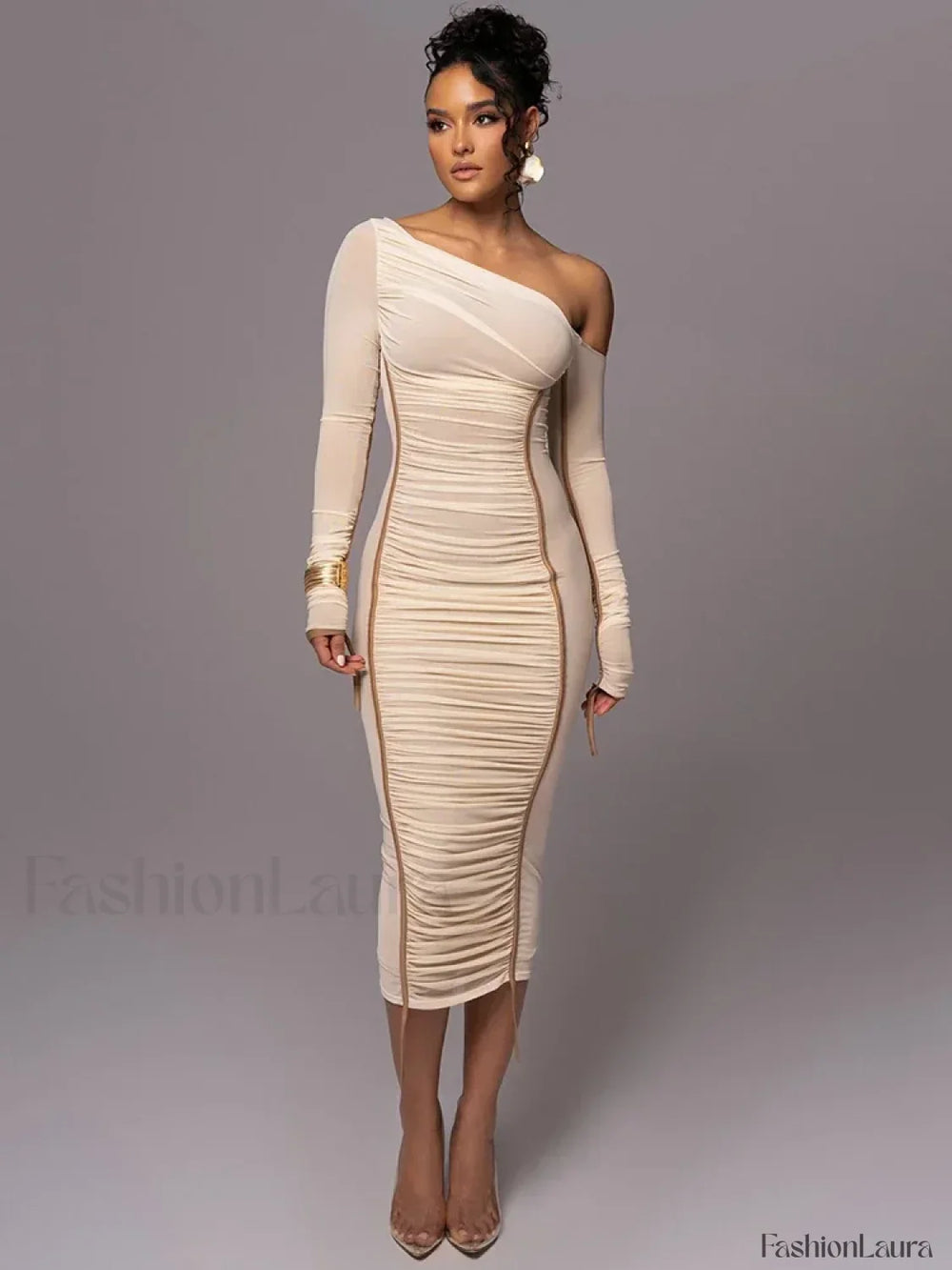 Diagonal Collar Mesh Backless Ruched Bodycon Long Midi Dress
